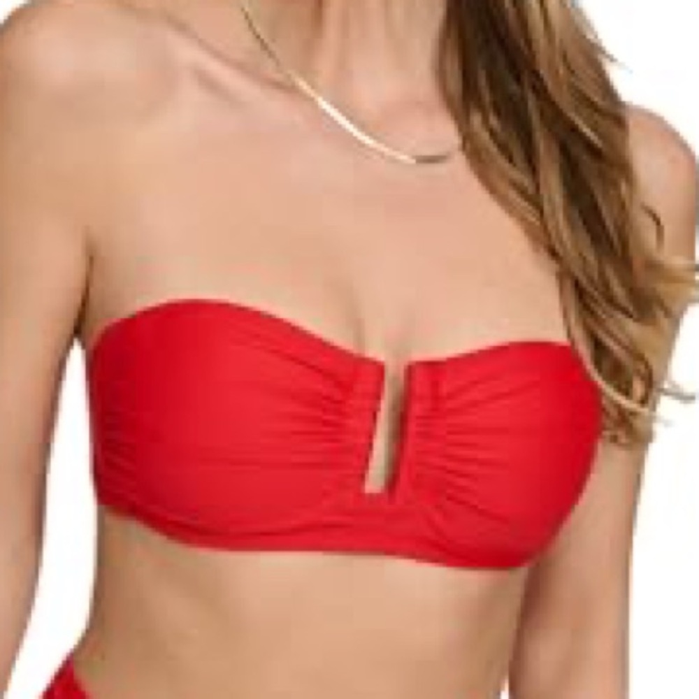 DKNY red bandeau strapless u wire hook back bikini swim top NWOT